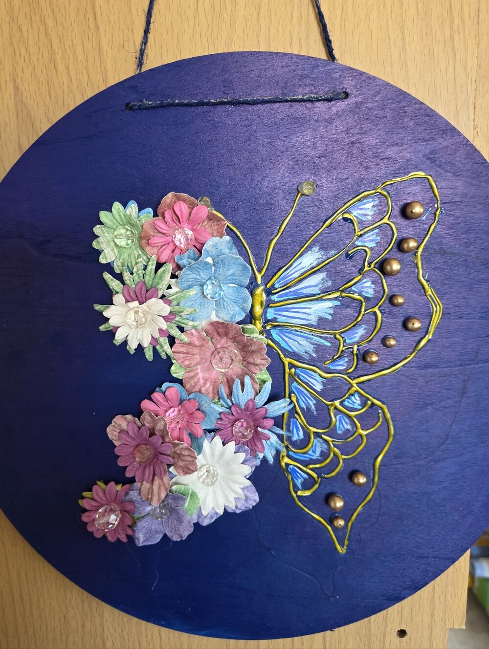 Hand Crafted Floral Butterfly Wall Plaque in Deep Purple with Multicolor Flowers